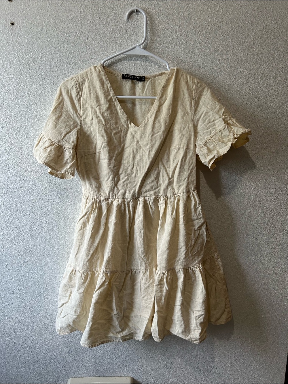 Fancyinn Cream V-Neck Tiered Mini Dress